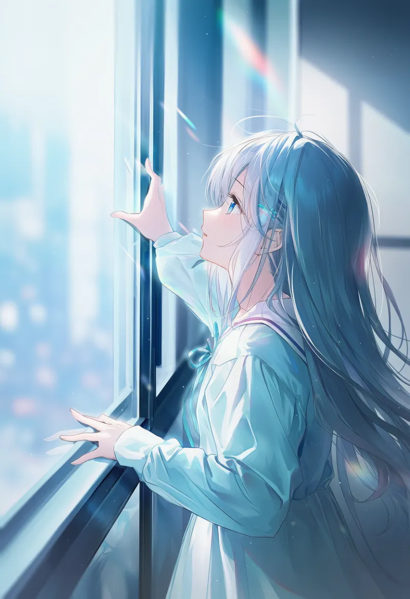 窓に手を置く動作のAIイラスト