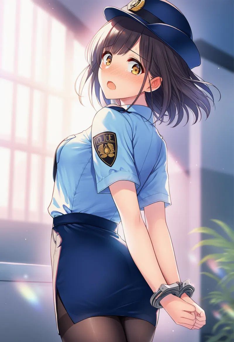 手錠をかけられる（手は後ろ）AIイラスト｜プロンプト紹介：handcuffs, bound wrists, arms behind back