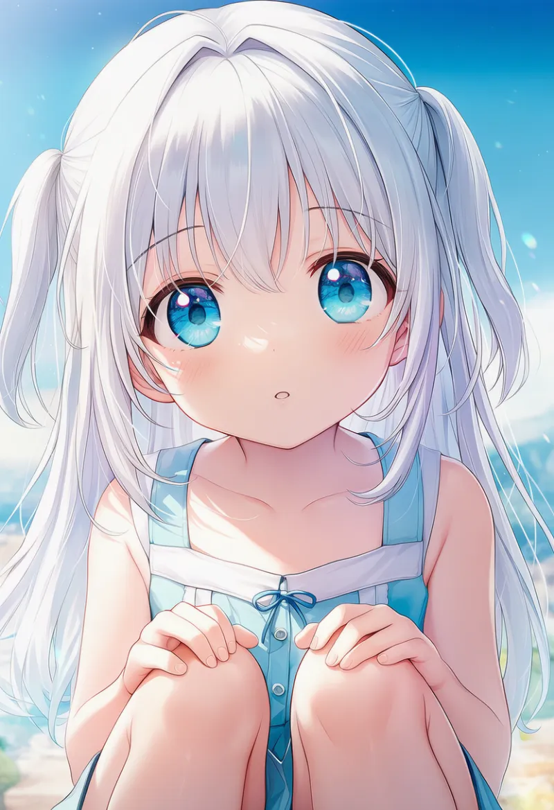 手を膝の上に乗せて座る|幼い少女のポーズのプロンプト