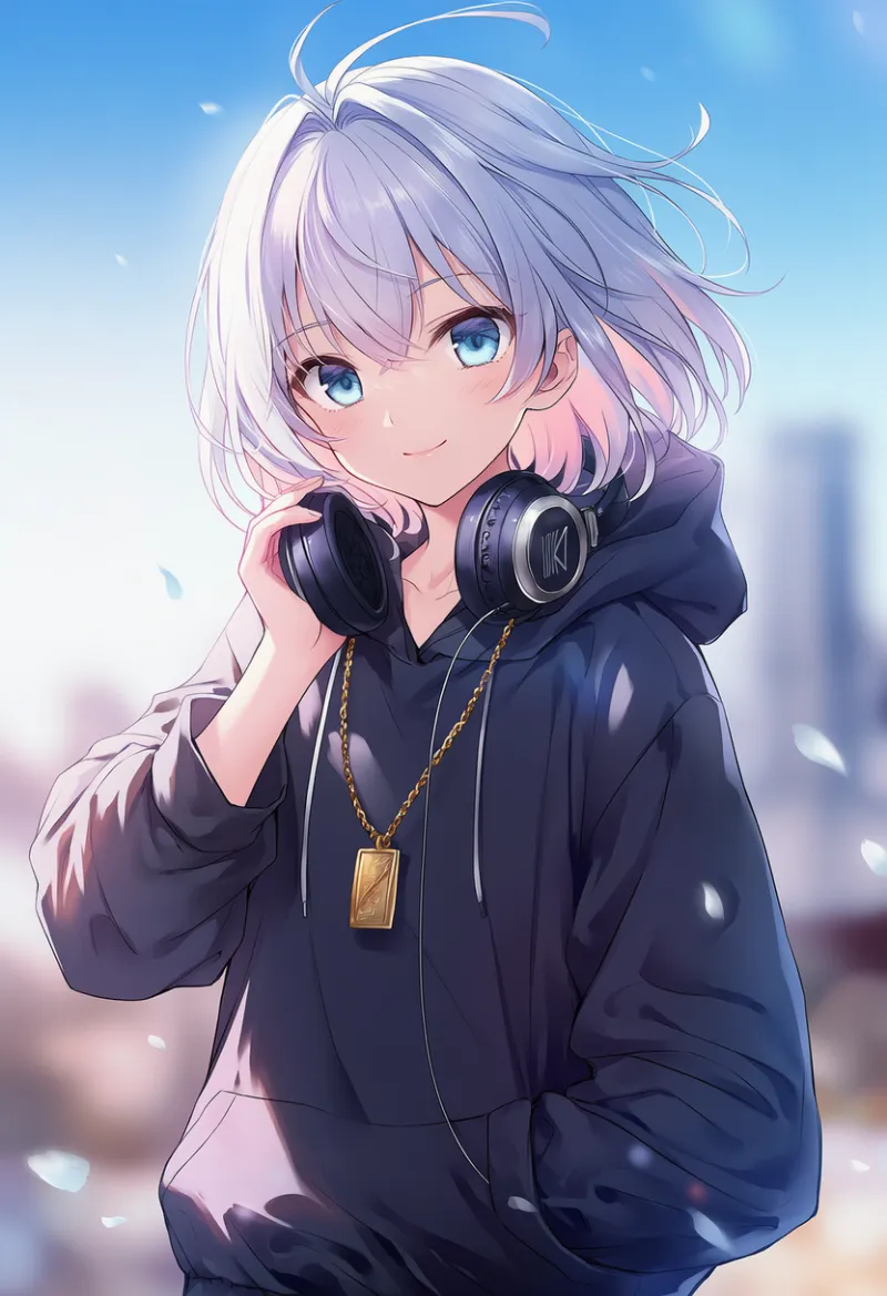 ヘッドフォンを首にかける仕草のAIイラスト|プロンプト紹介(ヒップホップファッション)