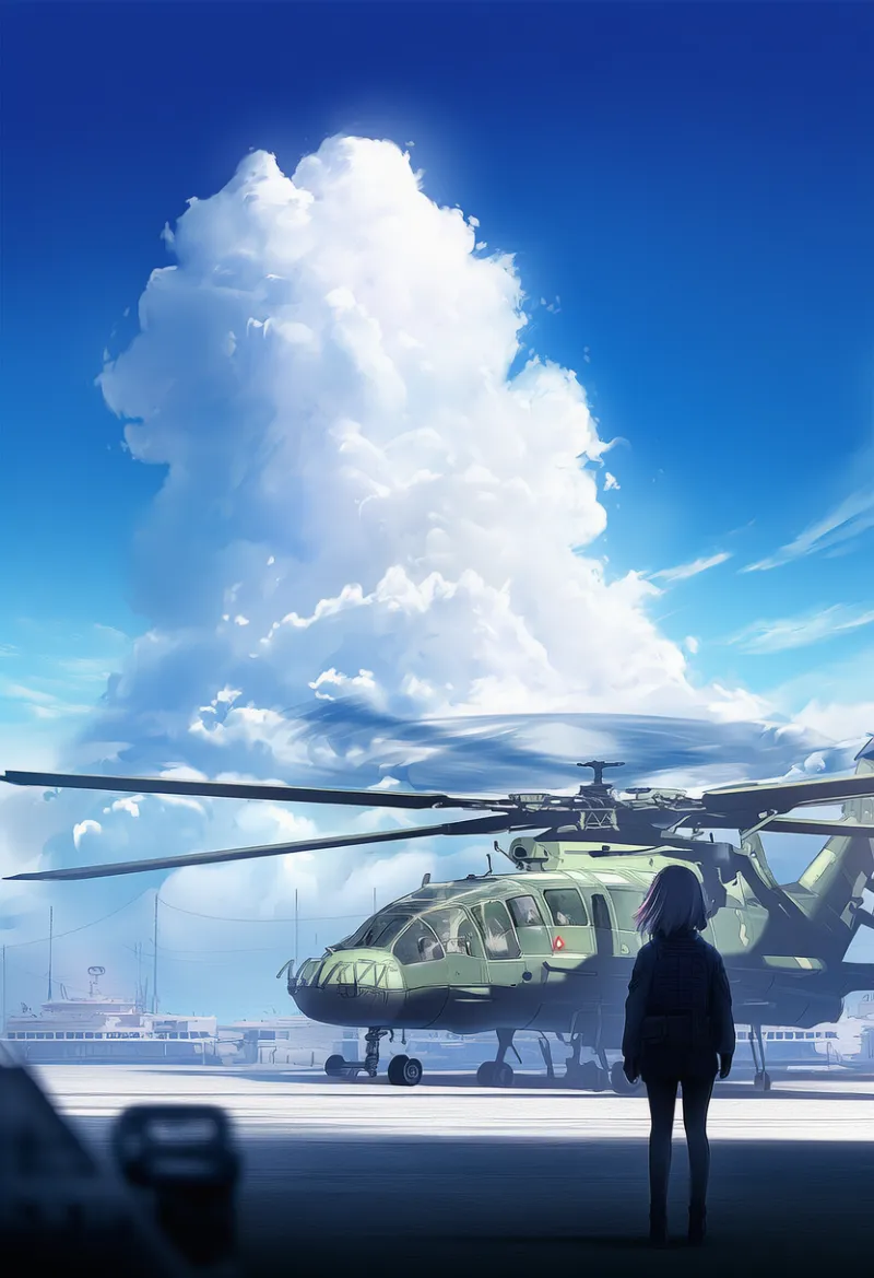 ヘリポートのプロンプト:helipad, helicopter, military base|軍事施設のAIイラスト