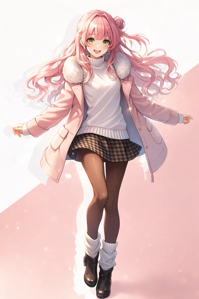 ピンクファーコート×千鳥格子ミニスカート冬コーデ｜姫カジのAIイラスト（プロンプト紹介用）