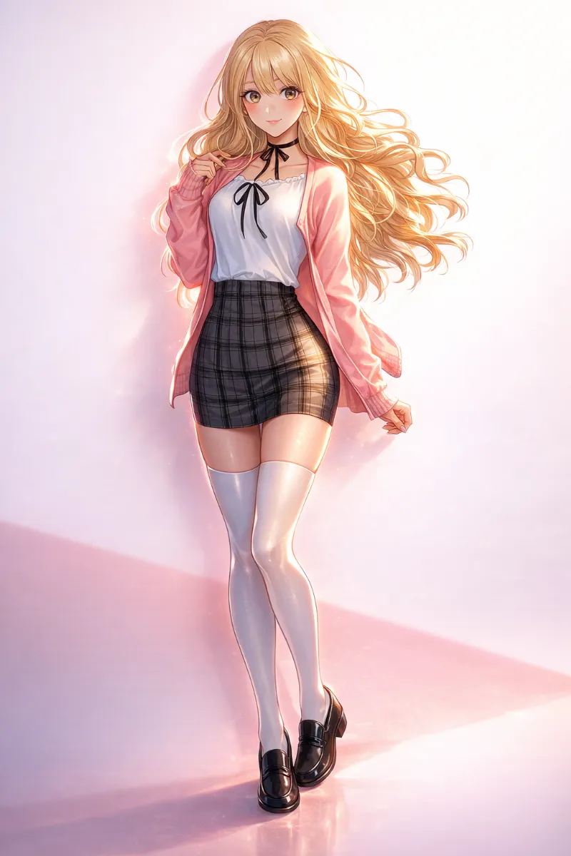 白ブラウス×ピンクカーディガン×チェックミニスカート｜姫カジのAIイラスト（プロンプト紹介用）