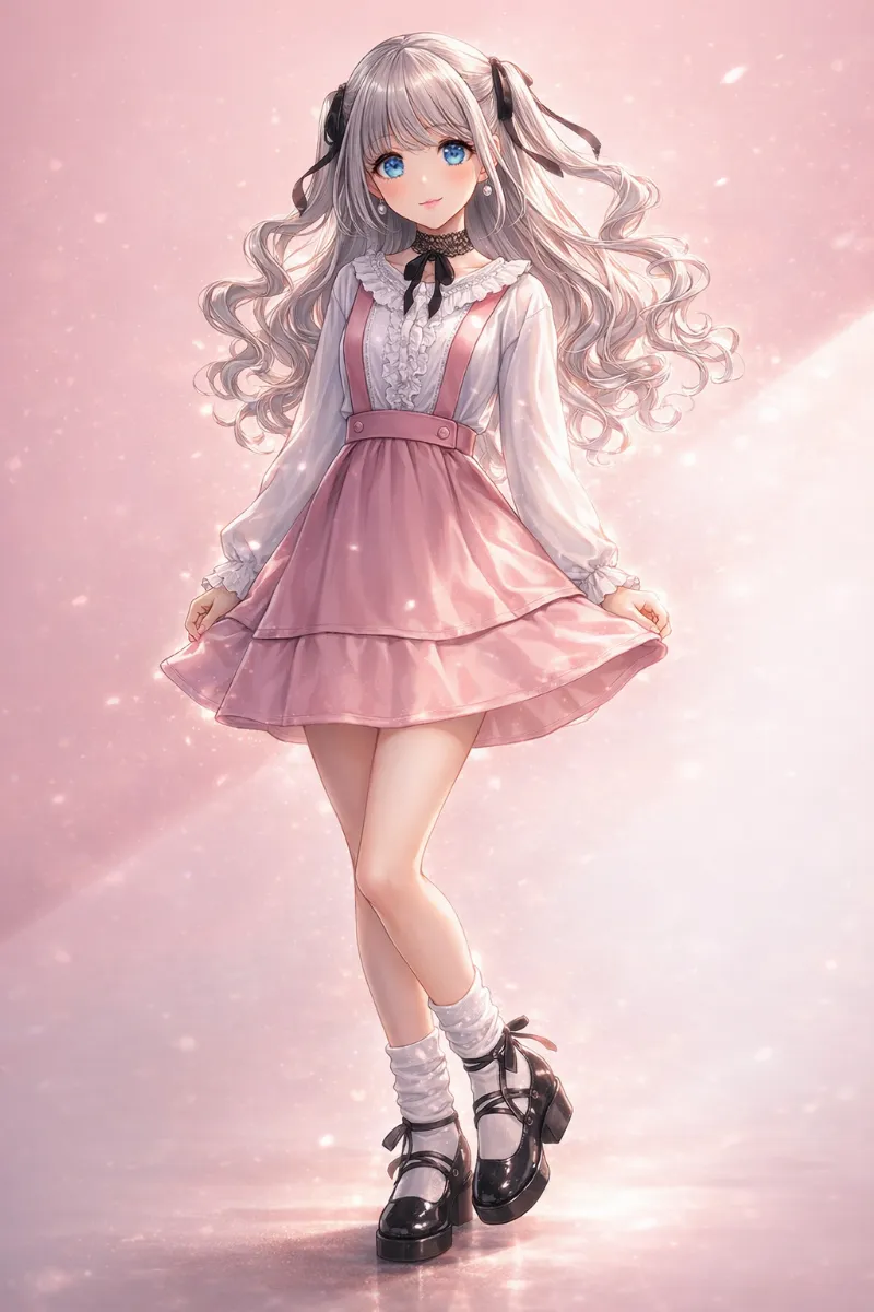 白フリルブラウス×ピンクサスペンダースカート｜姫カジのAIイラスト（プロンプト紹介用）