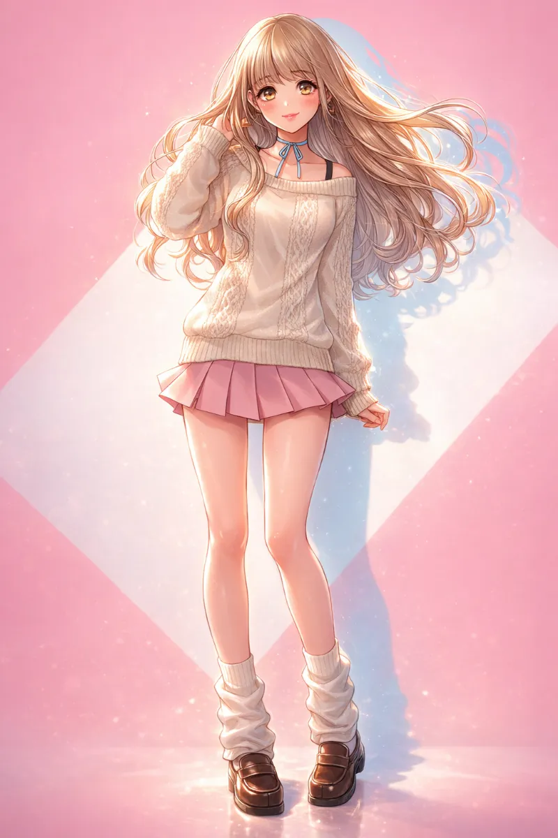 ベージュニット×ピンクプリーツスカート｜姫カジのAIイラスト（プロンプト紹介用）