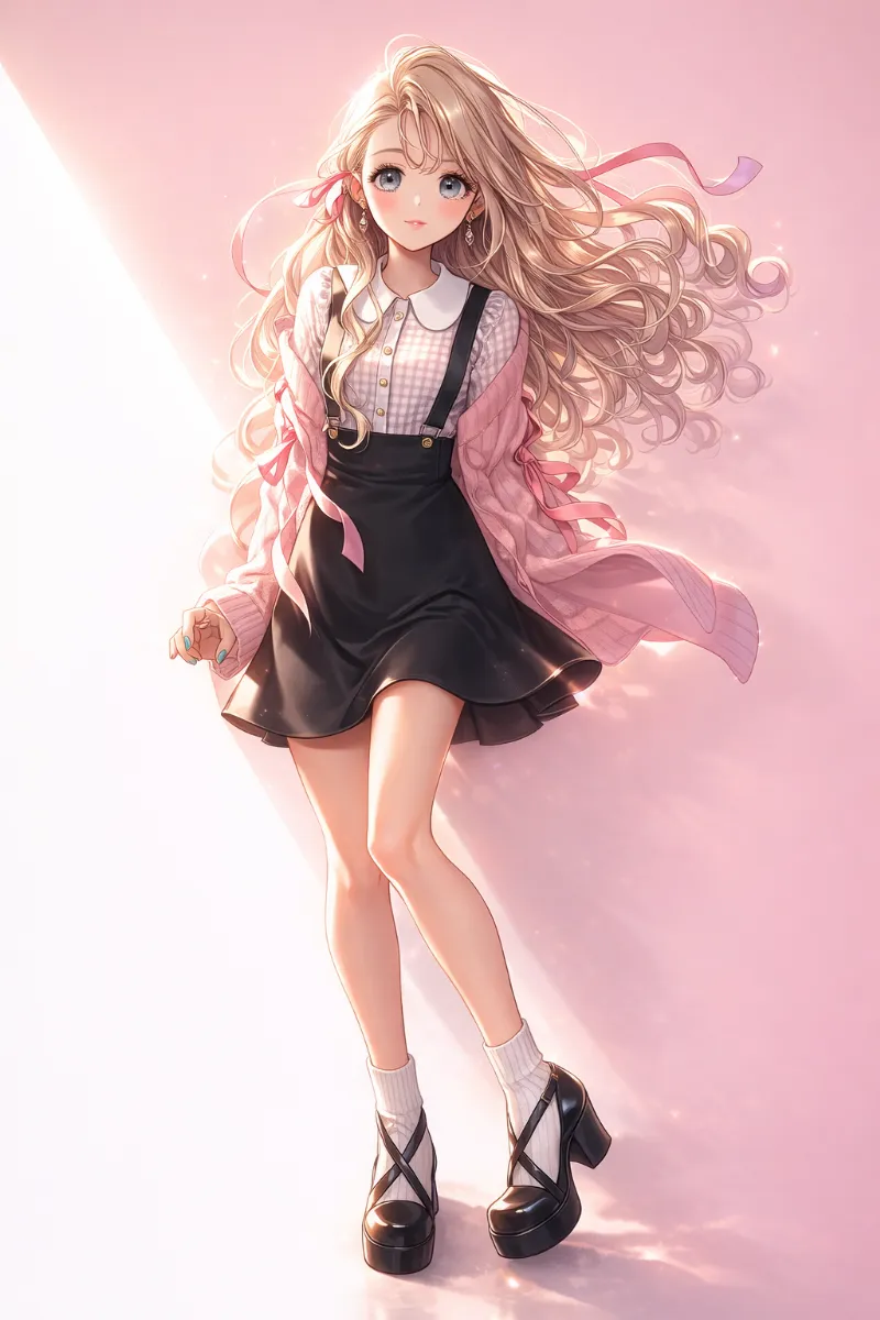 白チェックブラウス×ピンクリボンカーディガン｜姫カジのAIイラスト（プロンプト紹介用）