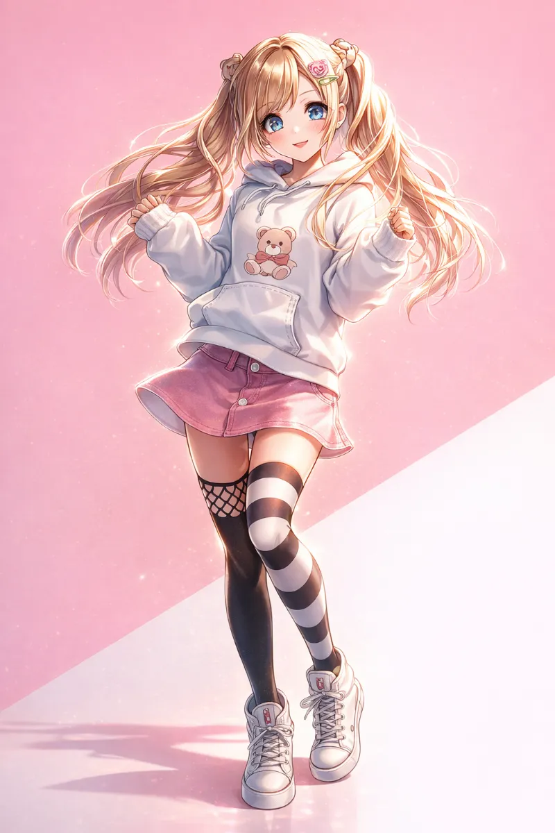 白テディベアフーディ×ピンクデニムミニスカート｜姫カジのAIイラスト（プロンプト紹介用）