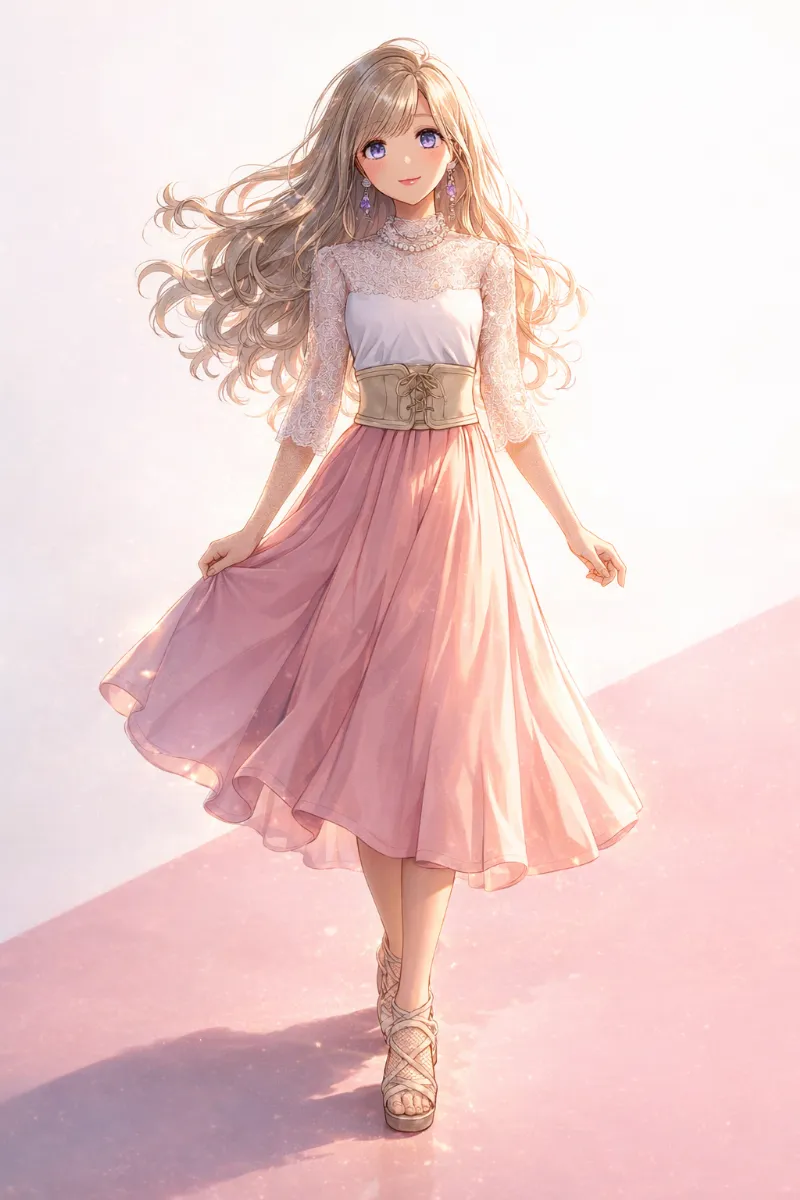 白レース重ねブラウス×ピンクハイウエストスカート｜姫カジのAIイラスト（プロンプト紹介用）