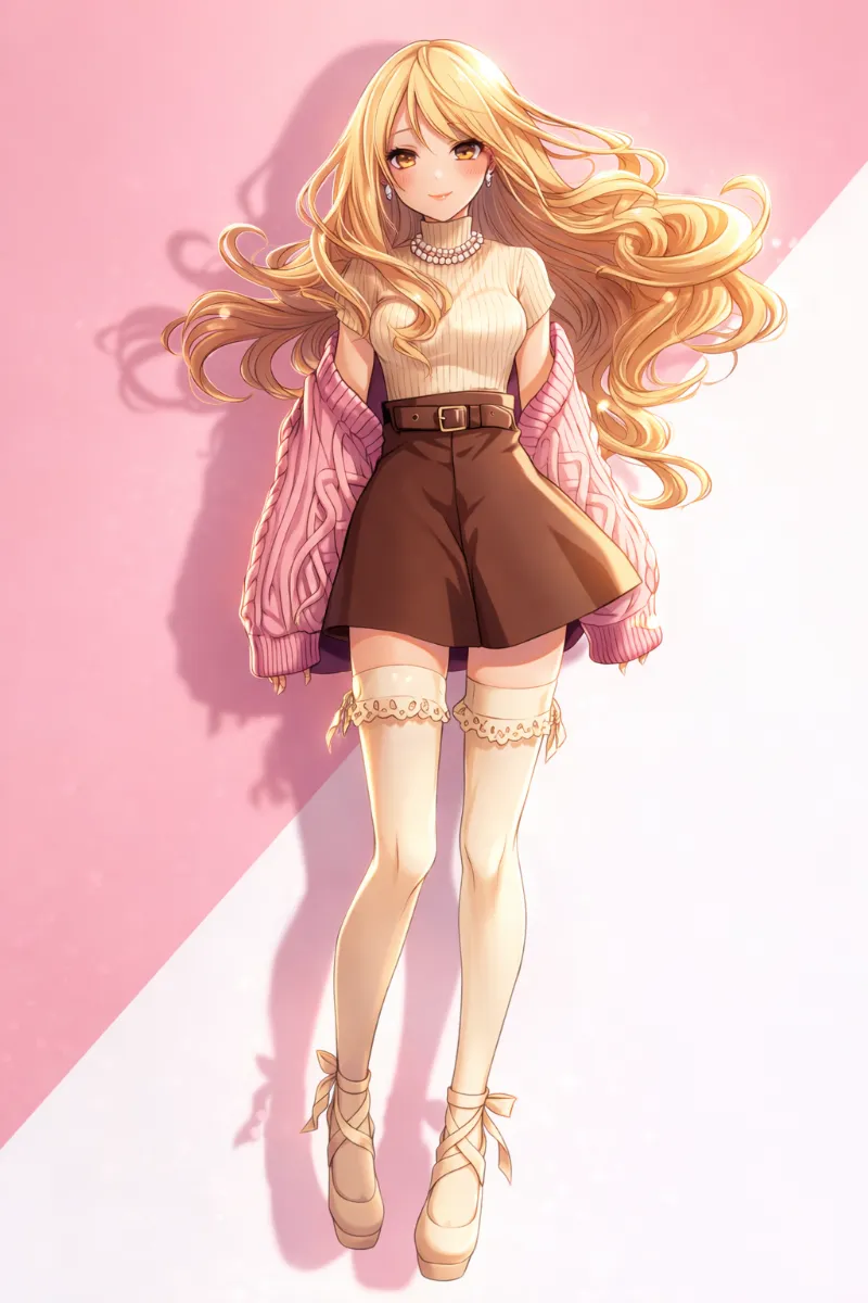 タートルネック×ピンクニットカーディガン｜姫カジのAIイラスト（プロンプト紹介用）