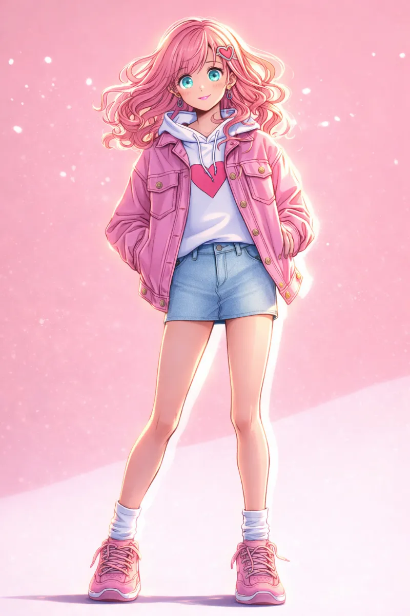 白ハートプリントフーディ×ピンクデニムジャケット｜姫カジのAIイラスト（プロンプト紹介用）