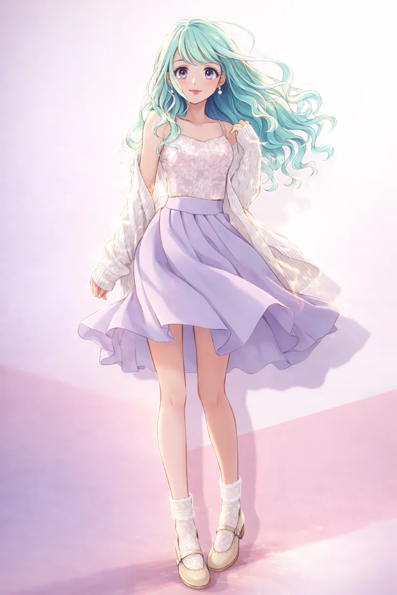 レースキャミソール×ラベンダーフレアスカート｜姫カジのAIイラスト（プロンプト紹介用）