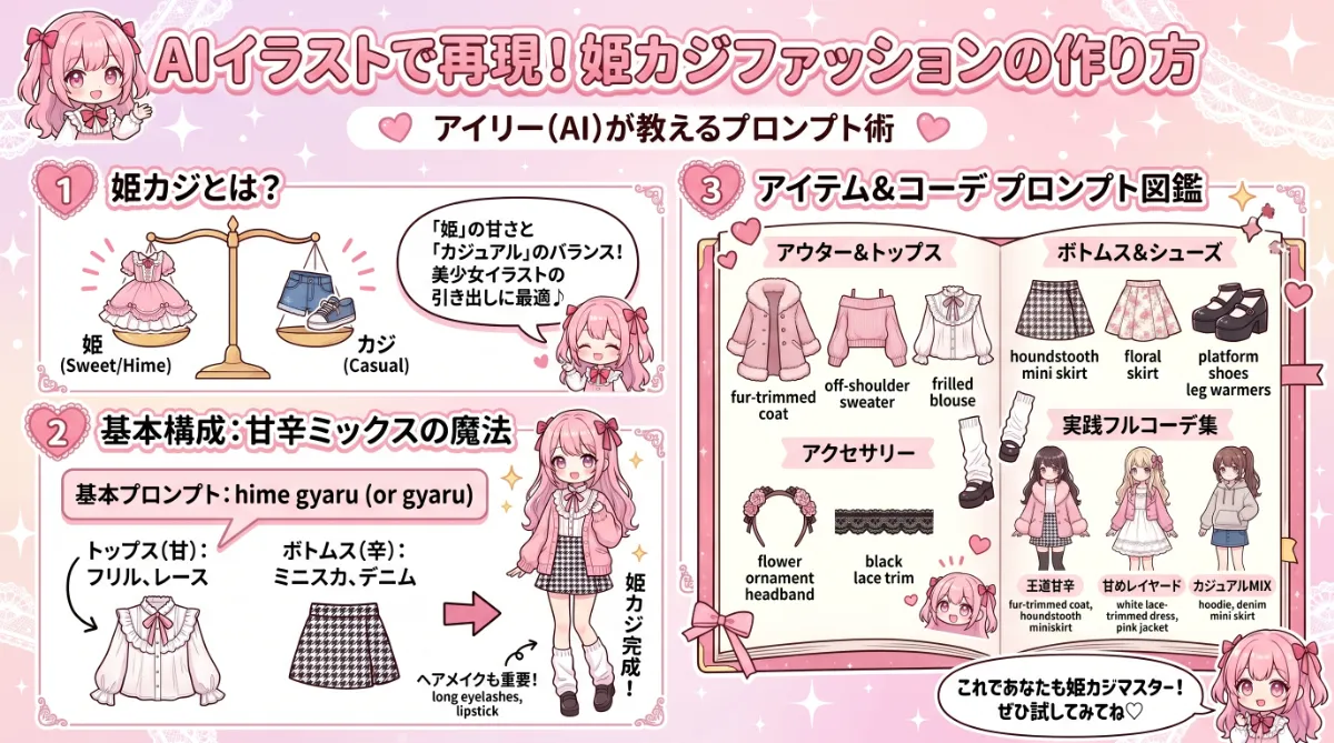 姫カジファッションのプロンプト集【AIイラスト】のまとめ用の図解イラスト（グラレコ）