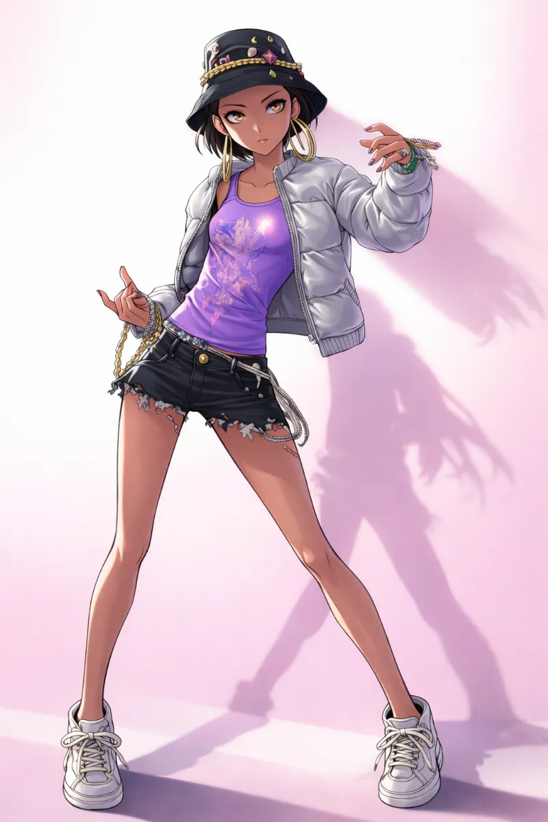 パファーベスト×ショーツのプロンプト|AIイラスト(ヒップホップファッション)