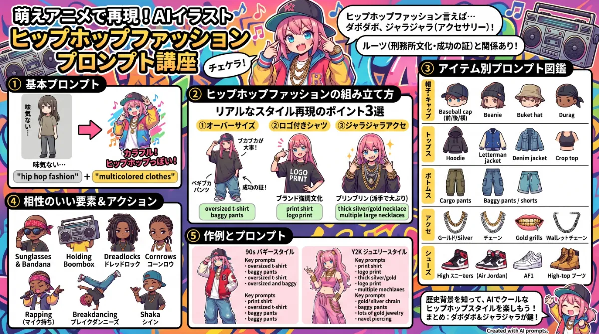 ヒップホップファッションのプロンプト集のまとめ用の図解イラスト(グラレコ)
