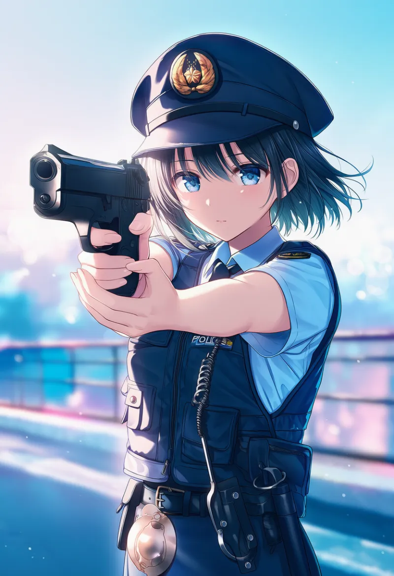 銃を構えるAIイラスト｜警察官のポーズプロンプト紹介：holding handgun, aiming
