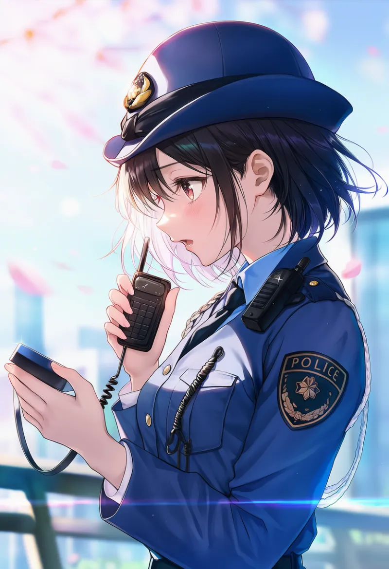 無線機を使うAIイラスト｜警察官のポーズプロンプト紹介：holding walkie-talkie, talking, looking at another