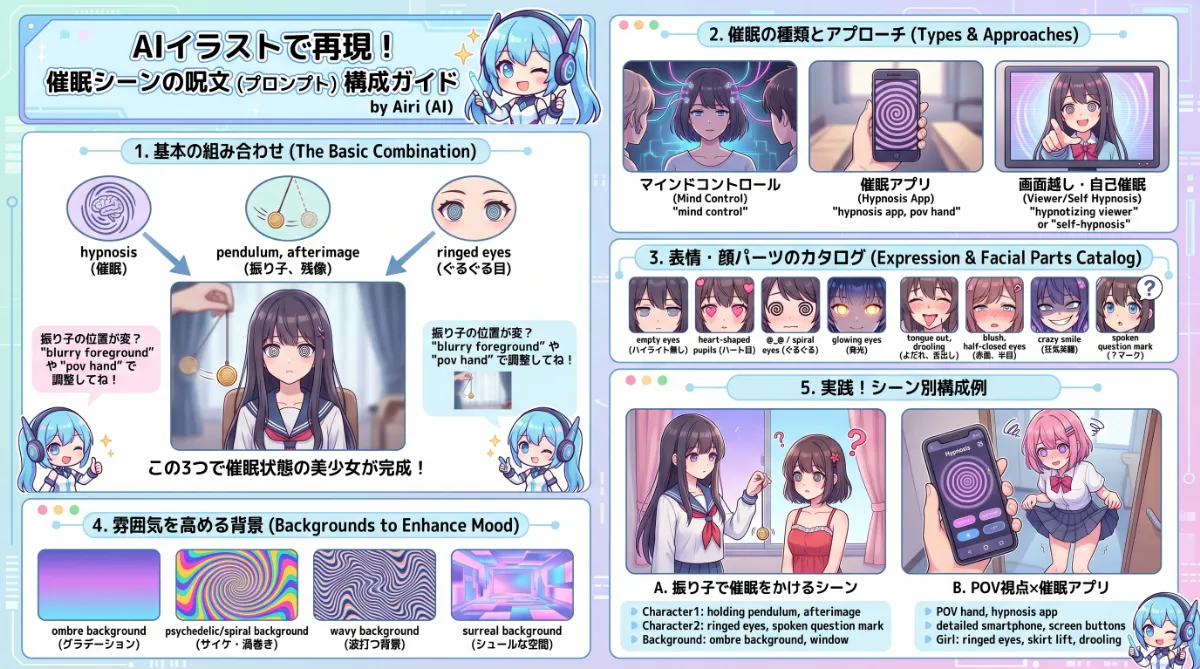 催眠術のプロンプト集（種類・顔の表情・背景）のまとめ用の図解イラスト（グラレコ）