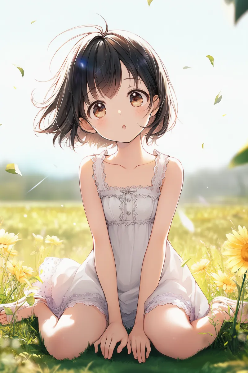 草原に座る幼い少女のAIイラストの作例|プロンプト紹介