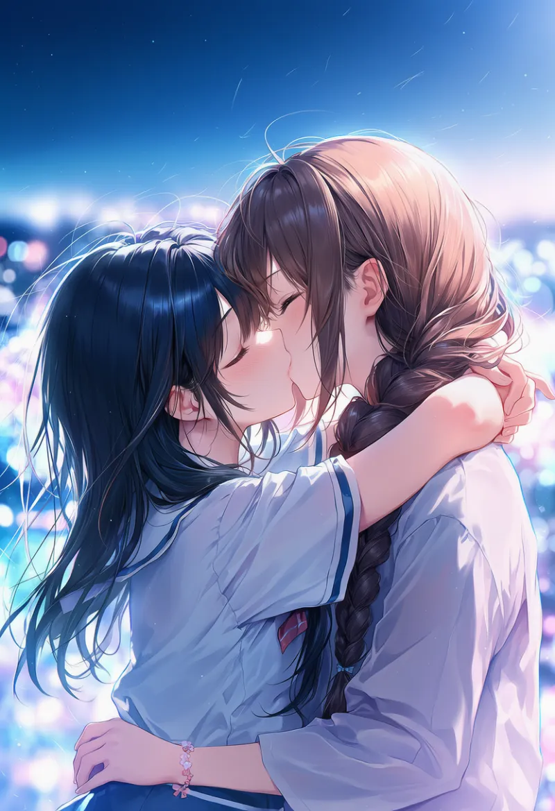 首に手を回すキスのプロンプト|AIイラスト