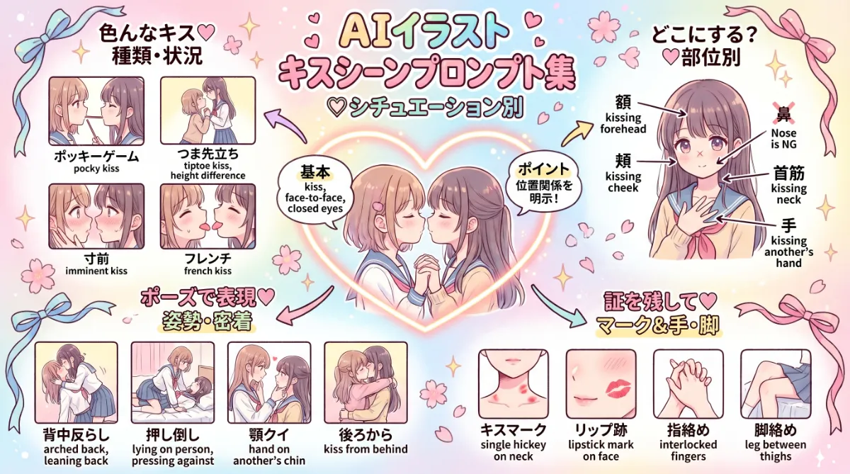 キスシーンのプロンプト集(種類・手の位置・状況別に網羅)のまとめ用の図解イラスト(グラレコ)