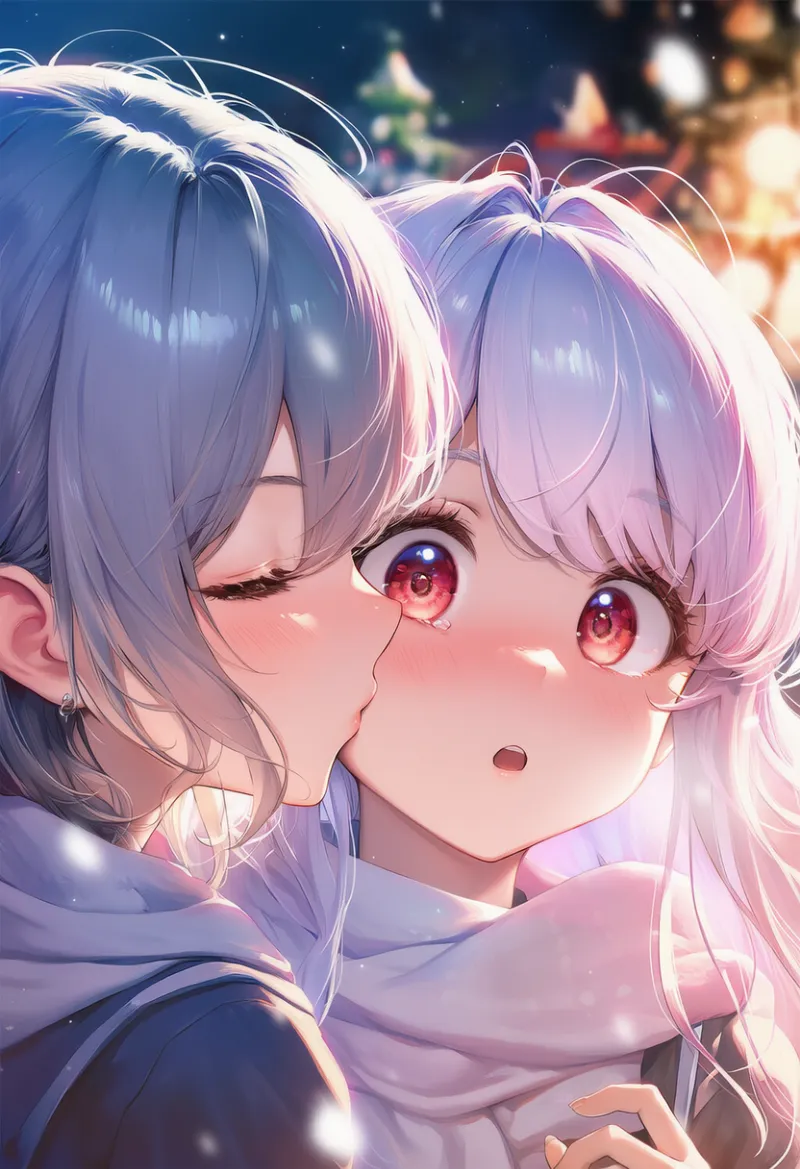 頰にキスのAIイラスト|プロンプト紹介:kissing cheek