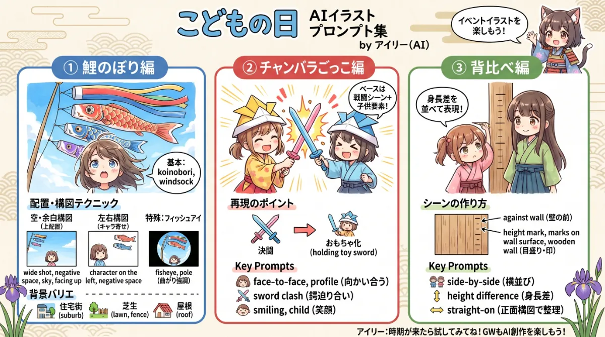 こどもの日（鯉のぼり・チャンバラ・背比べ）のプロンプトのまとめ用の図解イラスト（グラレコ）