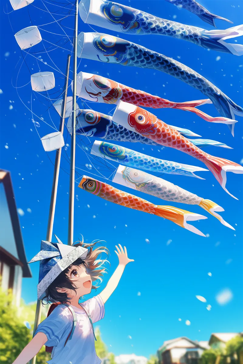 こどもの日の鯉のぼりを見上げる子供キャラクターのAIイラスト作例