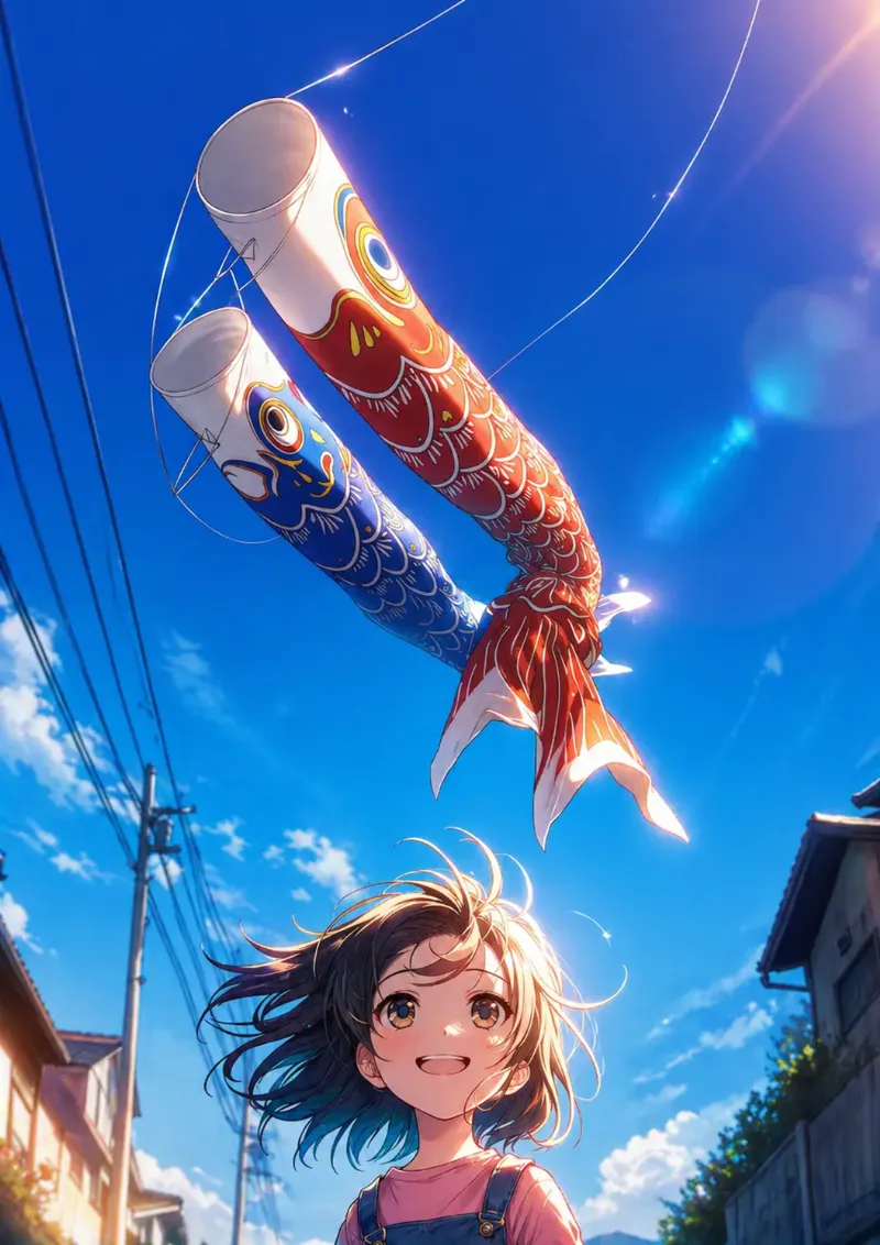鯉のぼりを上に配置するプロンプト（空・余白構図）紹介用のAIイラスト作例