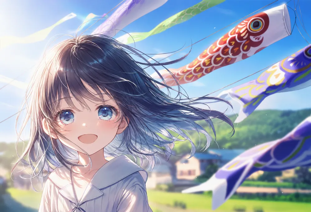 キャラ左配置＋鯉のぼり右配置のプロンプト（左右構図）の解説用のAIイラスト