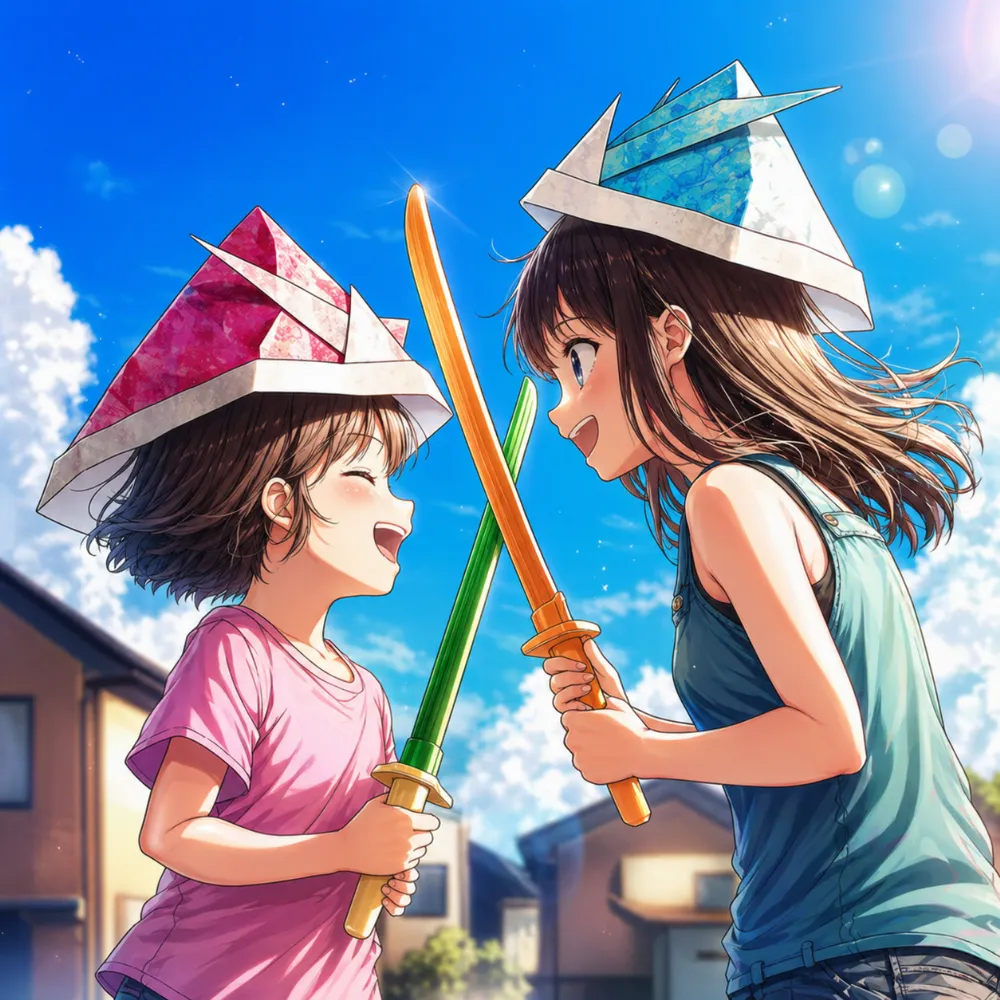 チャンバラごっこをしている子供たちのAIイラスト（こどもの日）