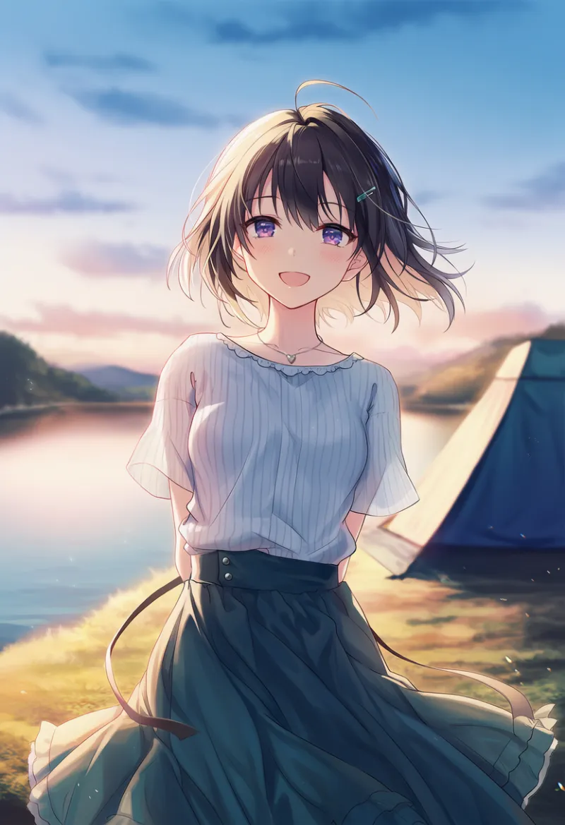 湖畔の背景のAIイラスト（キャンプ場）｜プロンプト紹介