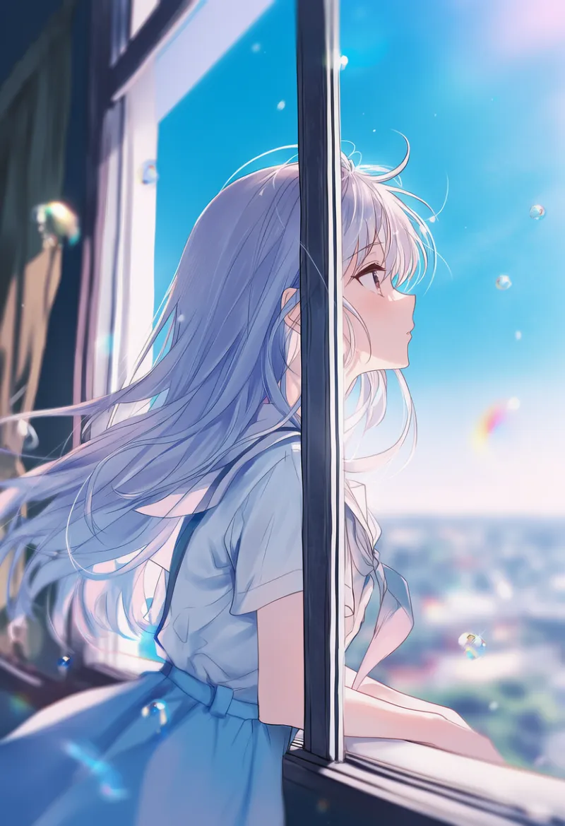 窓から身を乗り出す仕草のAIイラスト