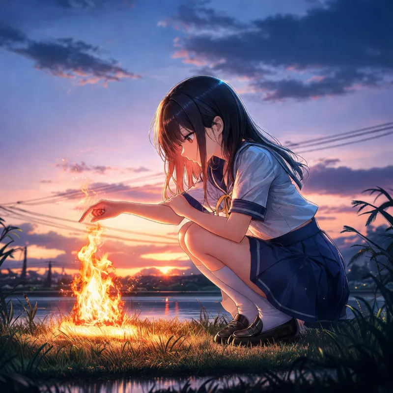 草原で焚き火をする美少女のAIいラスト作例