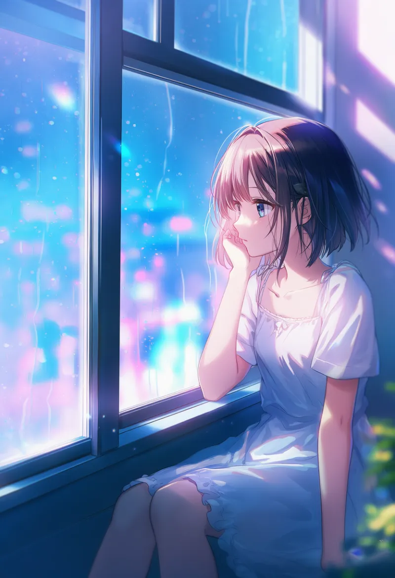 窓の向こうを眺める様子のAIイラスト