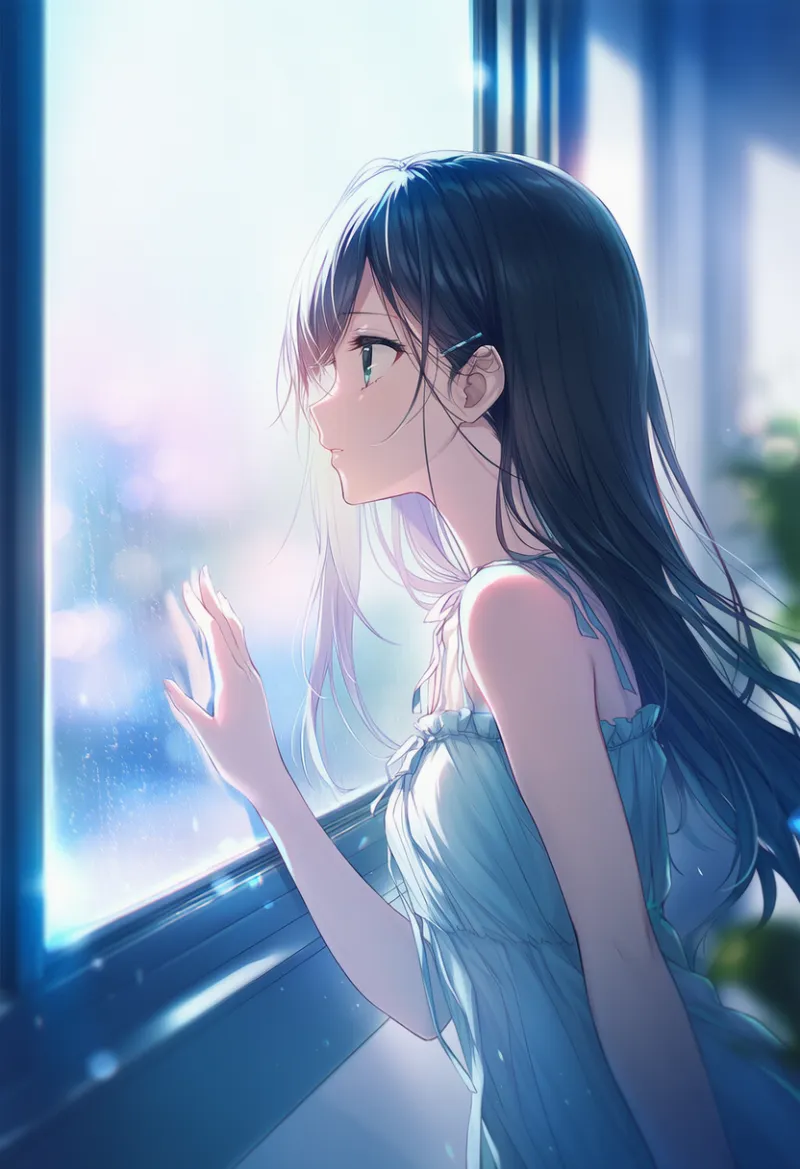 窓越しに窓の外を見る様子のAIイラスト