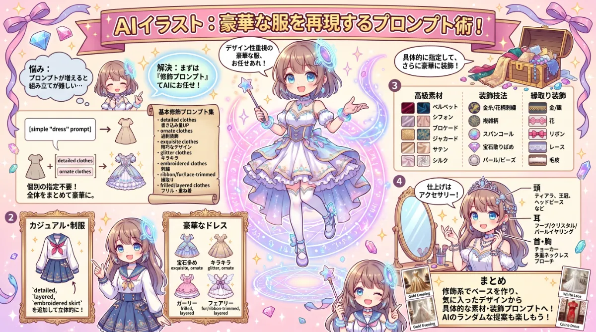 豪華な服を再現するためのプロンプト集【AIイラスト】のまとめ用の図解イラスト（グラレコ）