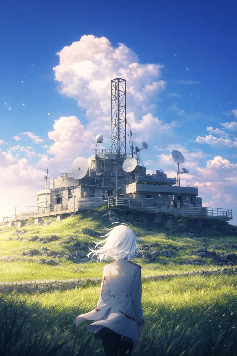 丘の上に建つ監視・レーダー基地のAIイラスト(軍事施設)|プロンプト紹介