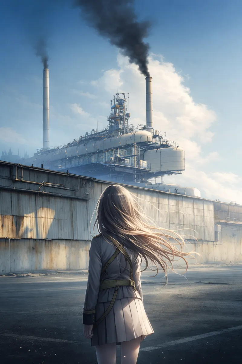 軍需工場の外周・荷役エリアのAIイラスト(軍事施設)|プロンプト紹介