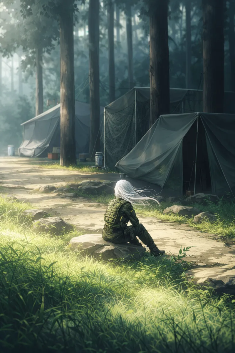 森林地帯に隠された臨時野営基地のAIイラスト(軍事施設)|プロンプト紹介