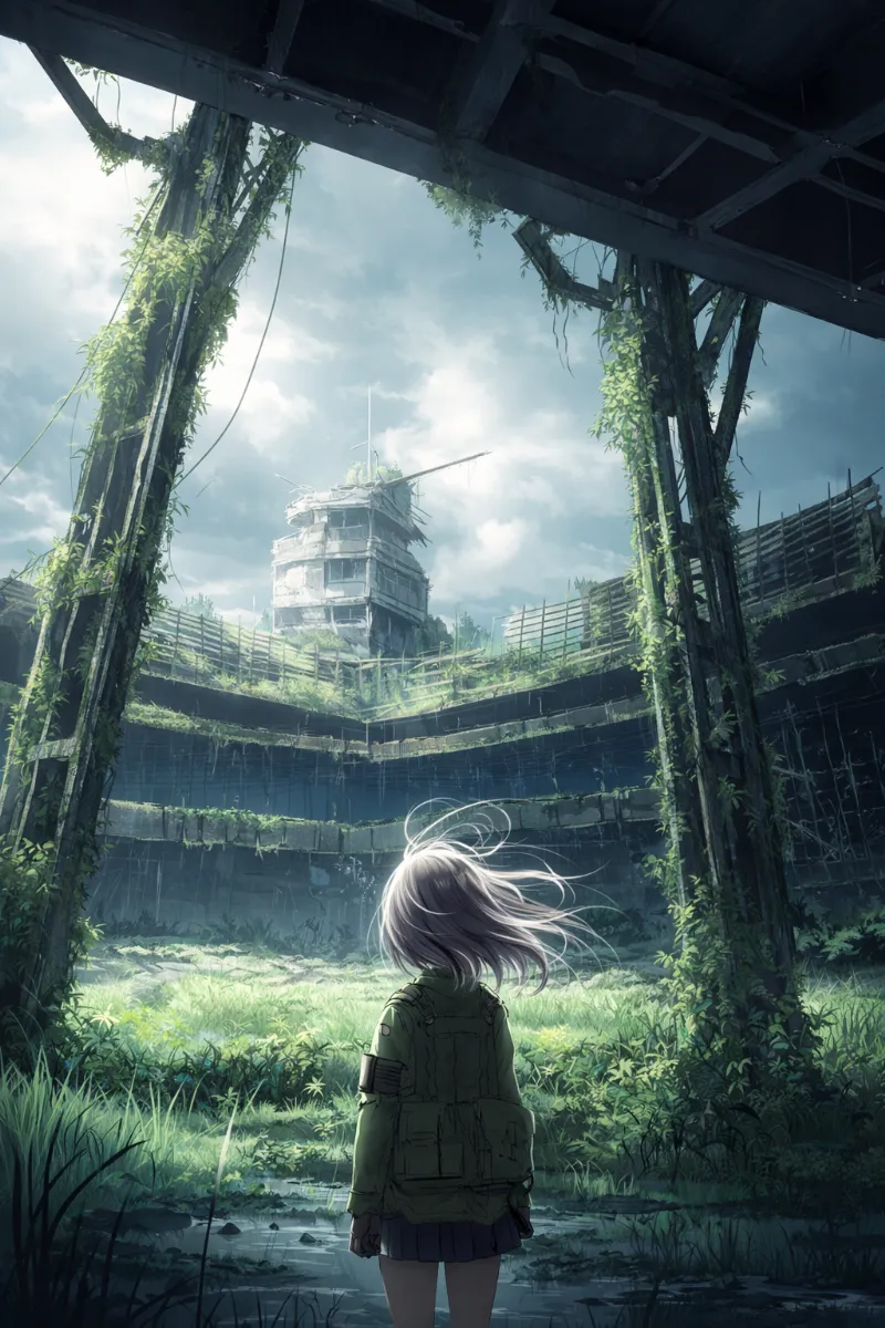 廃墟化した旧軍事施設の外周のAIイラスト(軍事施設)|プロンプト紹介