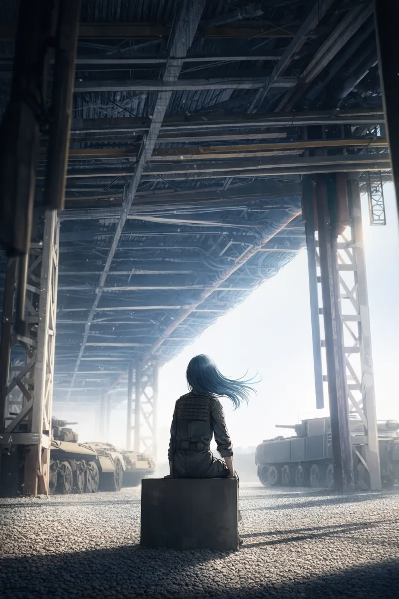工業地帯の鉄骨車両整備ヤードのAIイラスト(軍事施設)|プロンプト紹介