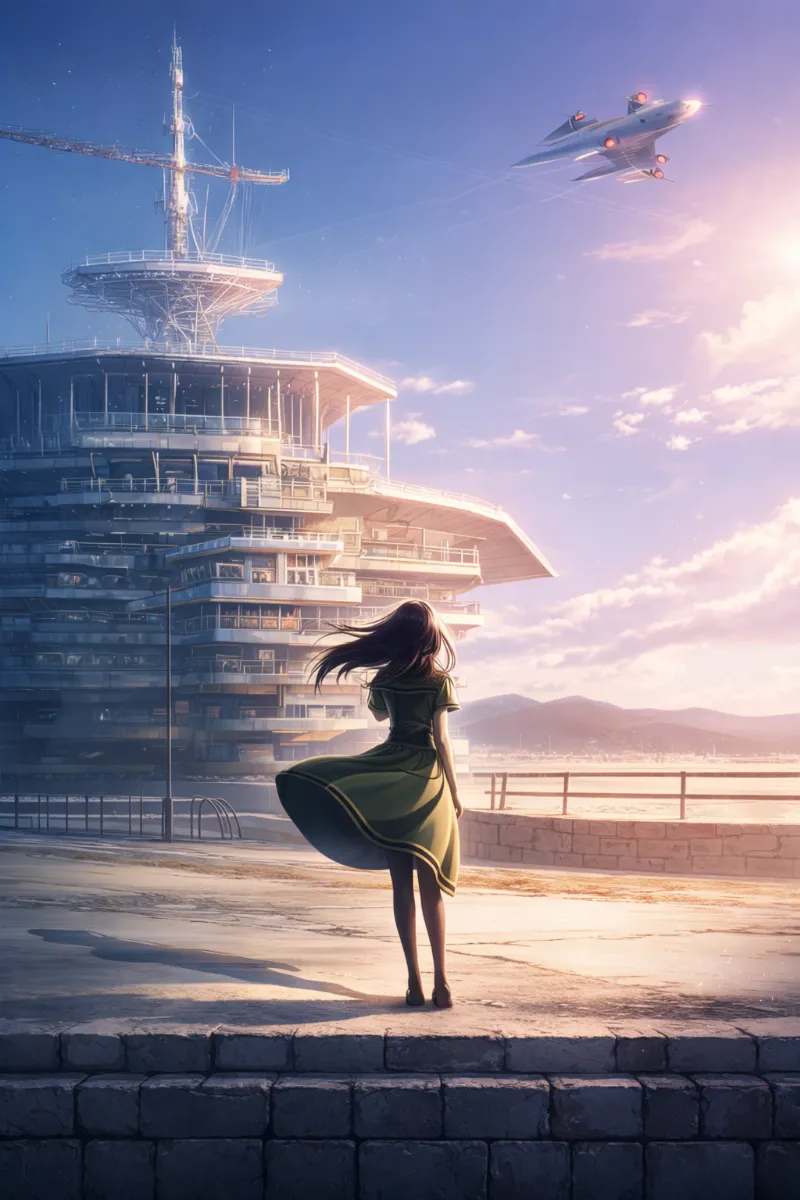 都市近郊の空軍基地滑走路端のAIイラスト(軍事施設)|プロンプト紹介