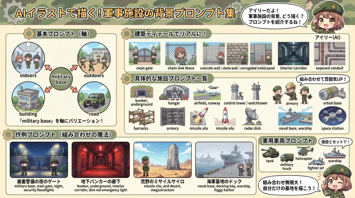軍事施設のプロンプト一覧【AIイラスト】のまとめ用の図解イラスト(グラレコ)