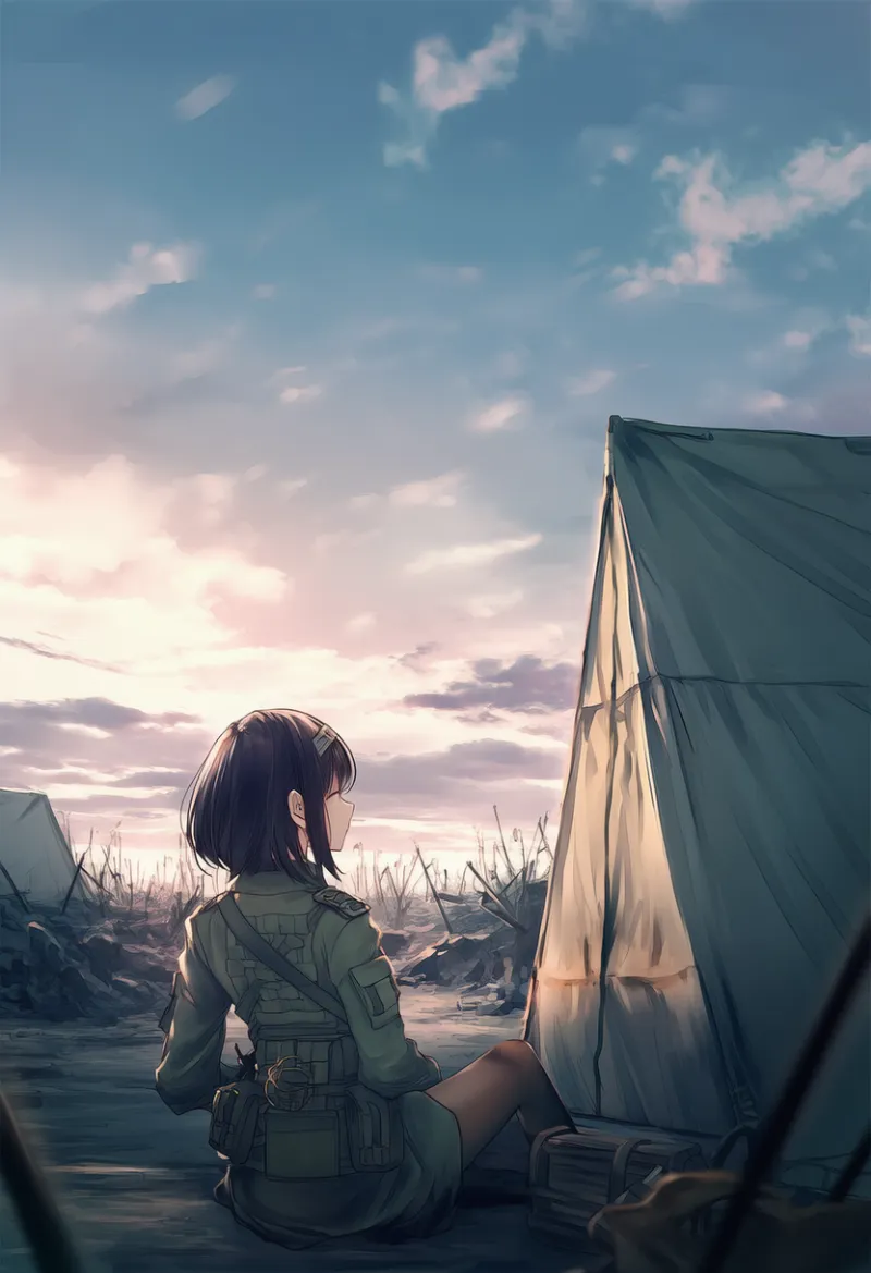 軍用テントのプロンプト:military tent, battlefield|軍事施設のAIイラスト