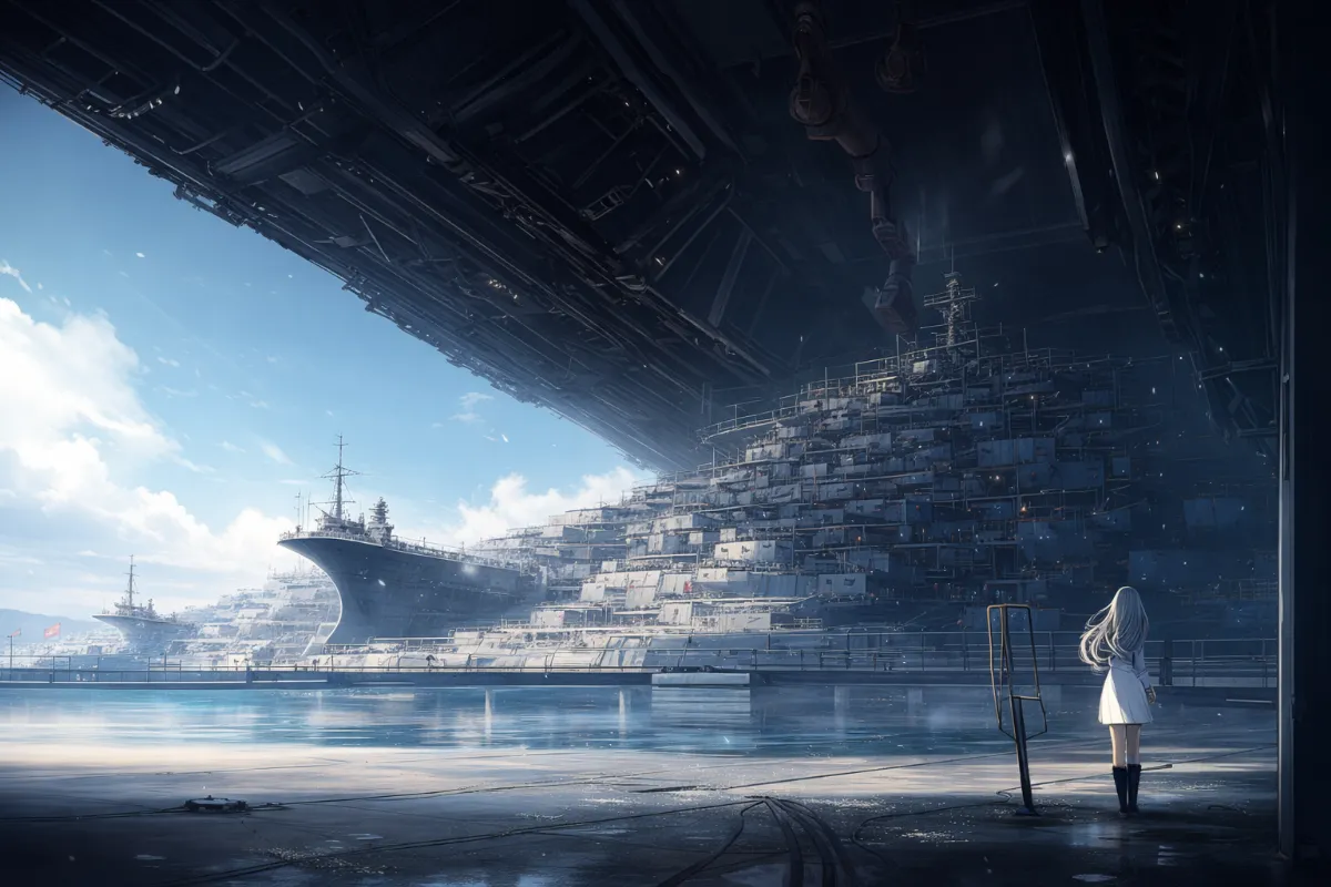 海軍基地のプロンプト:naval base, warship, military base|軍事施設のAIイラスト