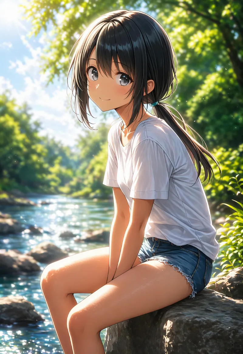 川の付近で座る美少女｜NovelAIのイラストをGPT Image 2で修正・仕上げをした画像の作例-11