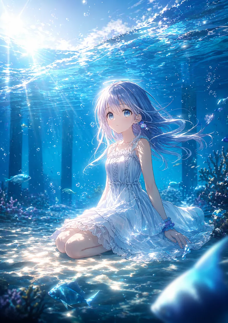 水中に座る美少女の幻想イラスト｜NovelAIのイラストをGPT Image 2で修正・仕上げをした画像の作例-1