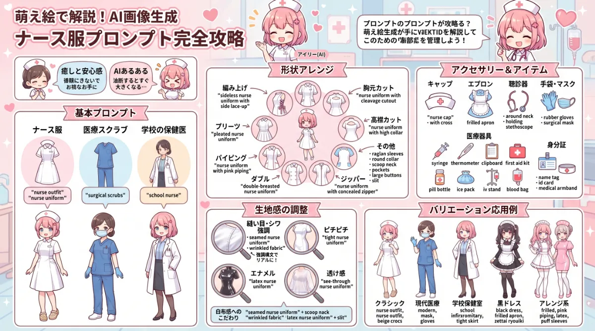 ナース（看護師）のプロンプト集【AIイラスト】のまとめ用の図解イラスト（グラレコ）