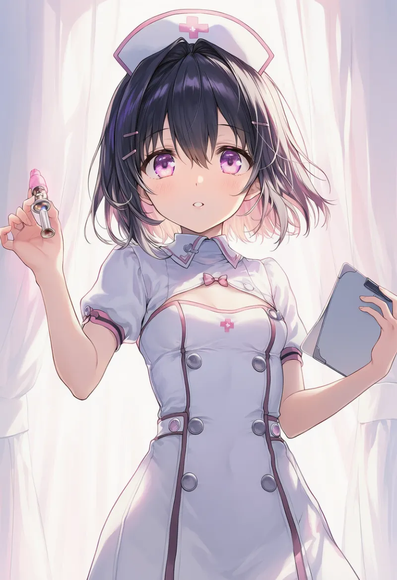 胸元カットアウトデザインのナース服のAIイラスト｜プロンプト紹介