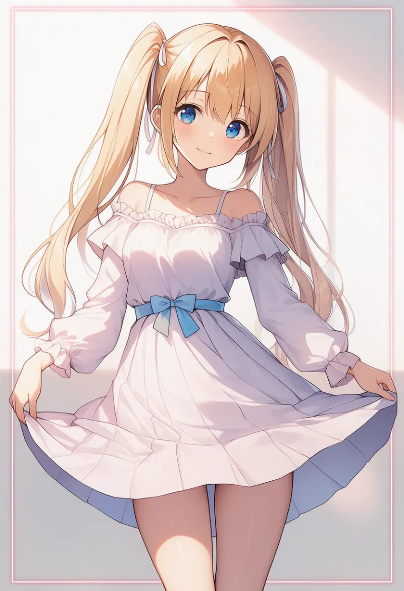 オフショルダードレスとサッシュリボンのAIイラスト|デート用コーデのプロンプト紹介